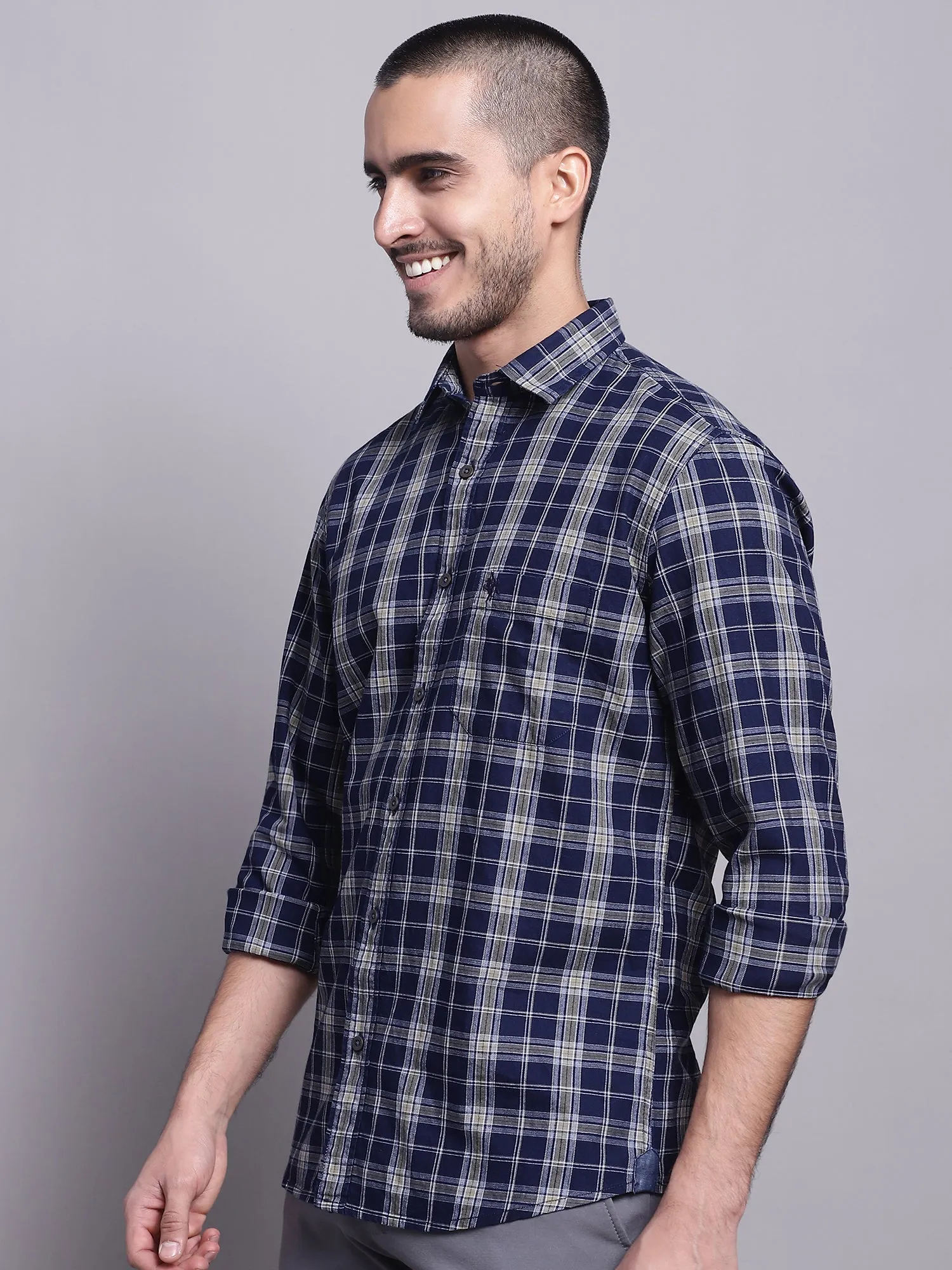Cantabil Cotton Checkered Navy Blue Full Sleeve Casual Shirt for Men with Pocket
