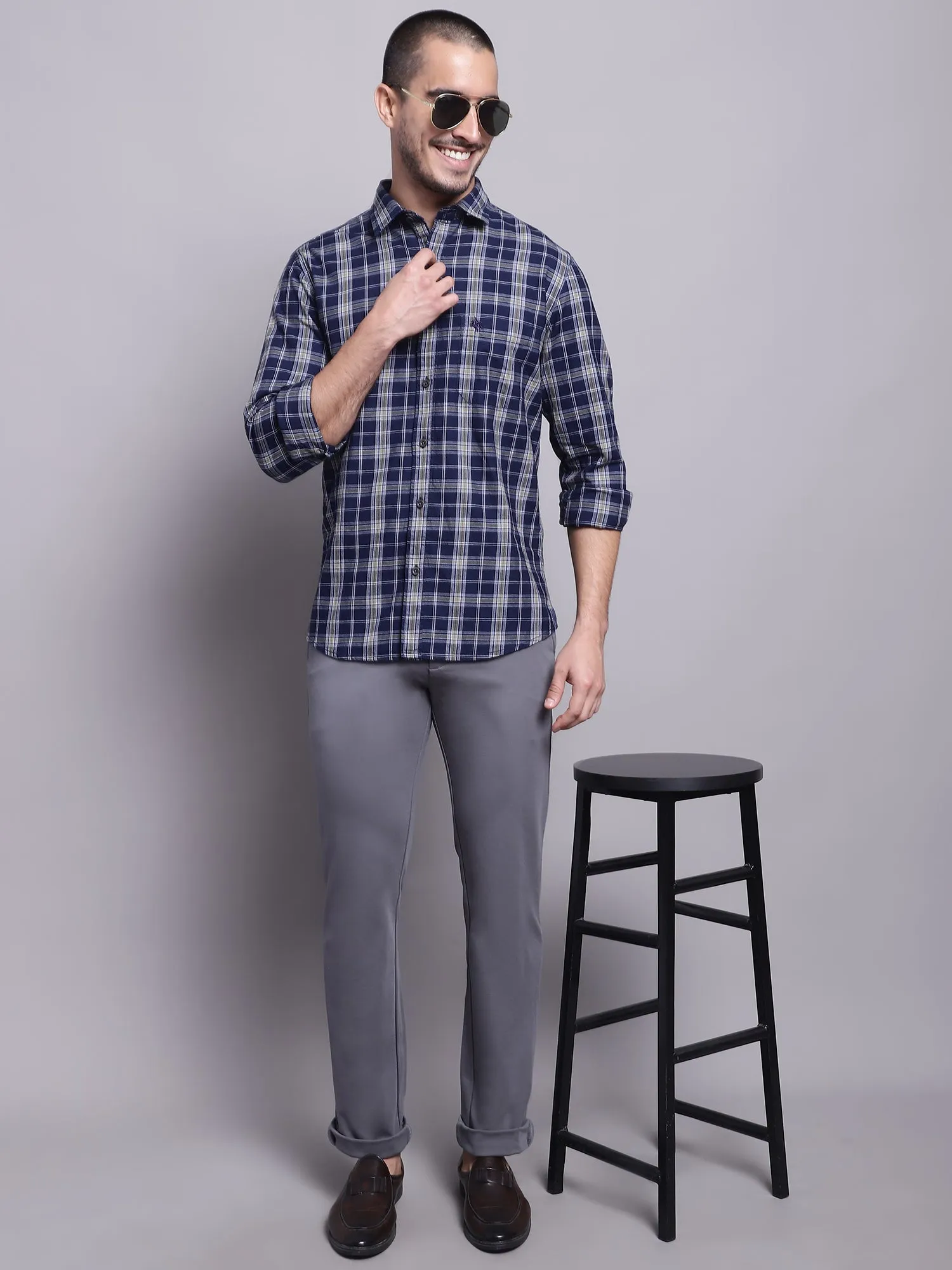 Cantabil Cotton Checkered Navy Blue Full Sleeve Casual Shirt for Men with Pocket