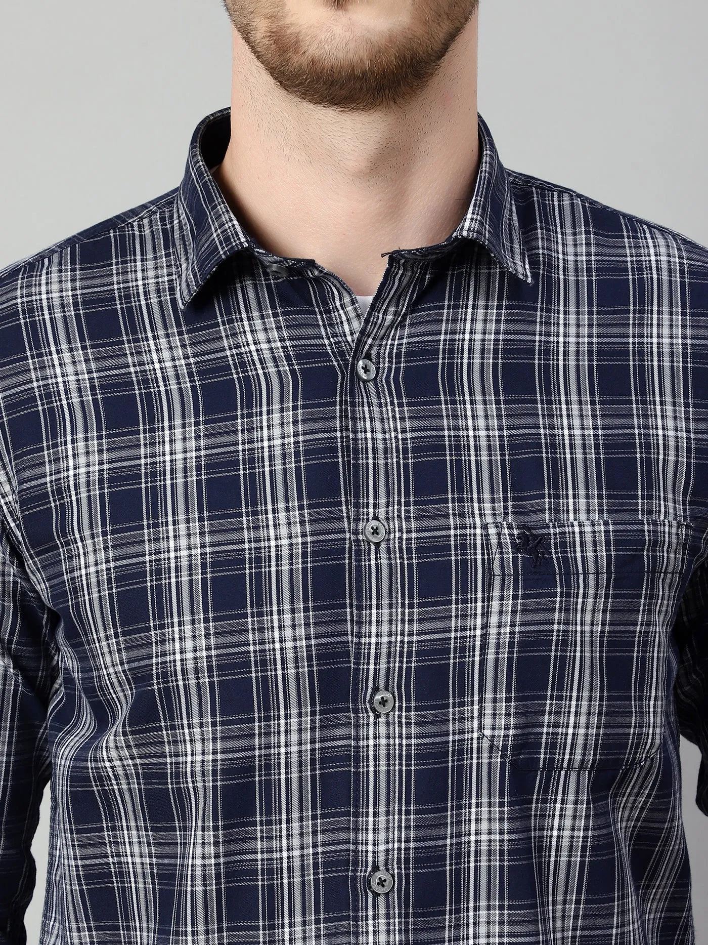 Cantabil Cotton Checkered Navy Blue Full Sleeve Casual Shirt for Men with Pocket