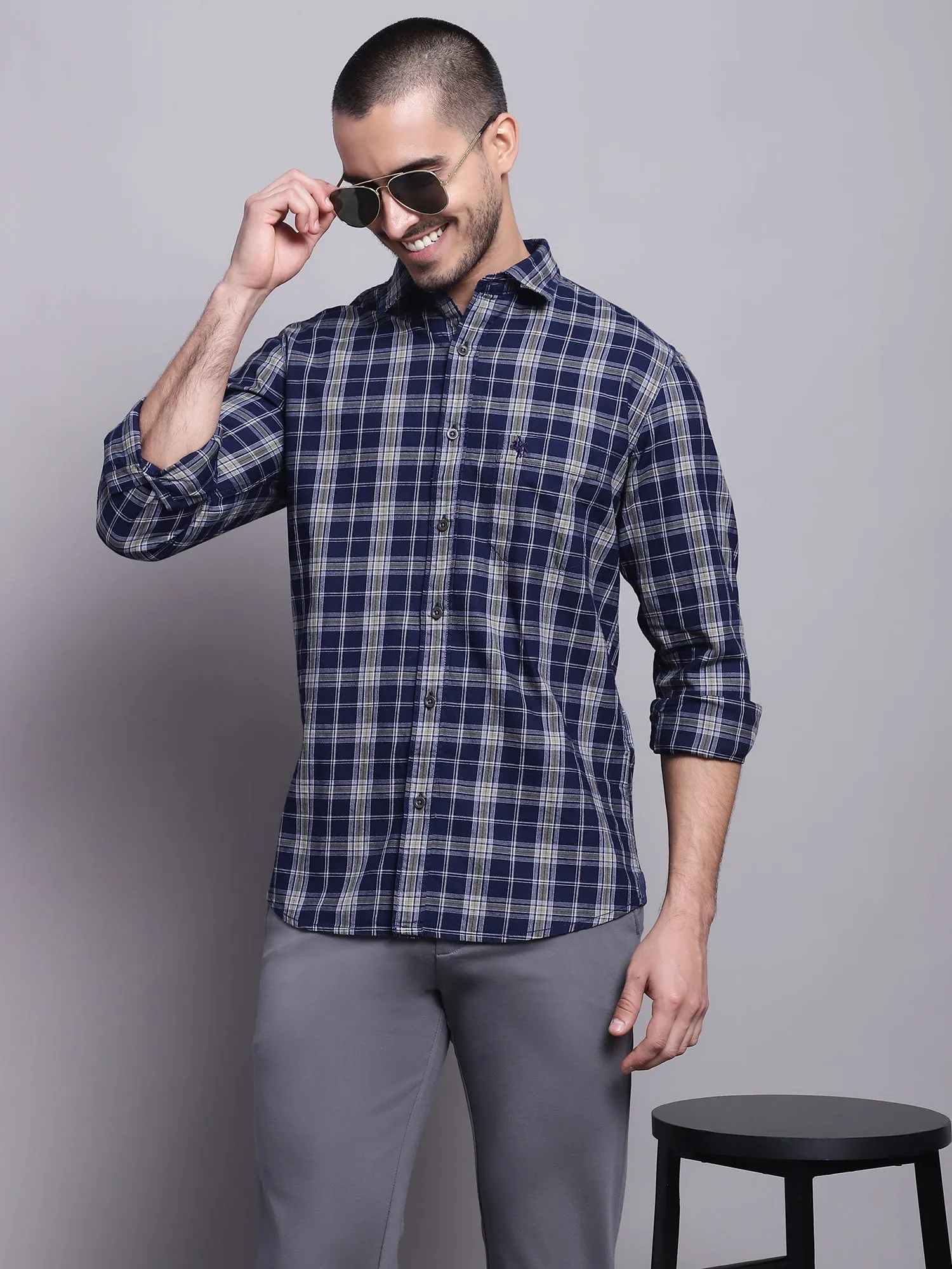 Cantabil Cotton Checkered Navy Blue Full Sleeve Casual Shirt for Men with Pocket