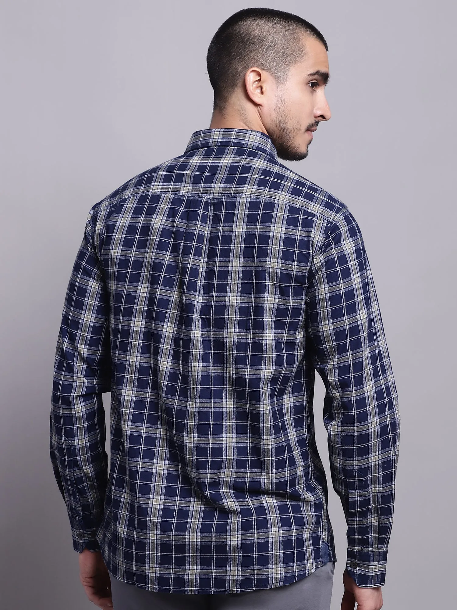 Cantabil Cotton Checkered Navy Blue Full Sleeve Casual Shirt for Men with Pocket