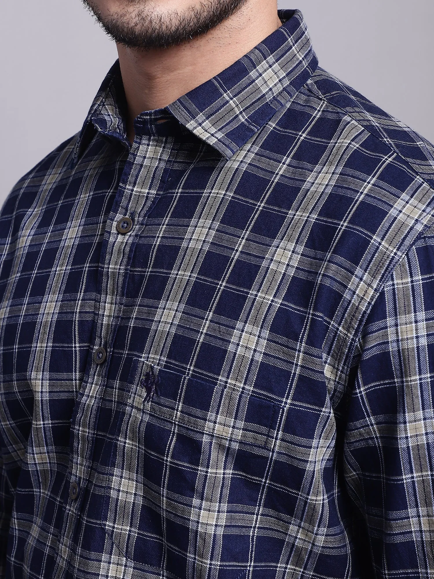 Cantabil Cotton Checkered Navy Blue Full Sleeve Casual Shirt for Men with Pocket