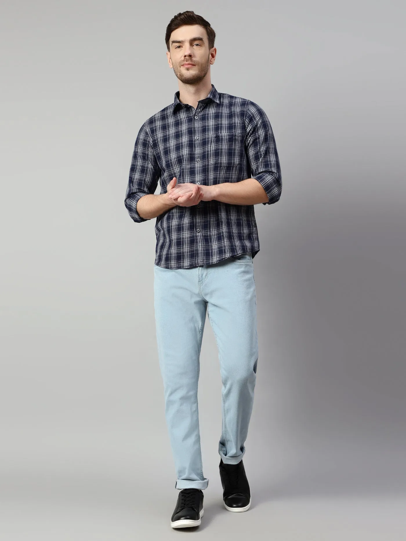 Cantabil Cotton Checkered Navy Blue Full Sleeve Casual Shirt for Men with Pocket