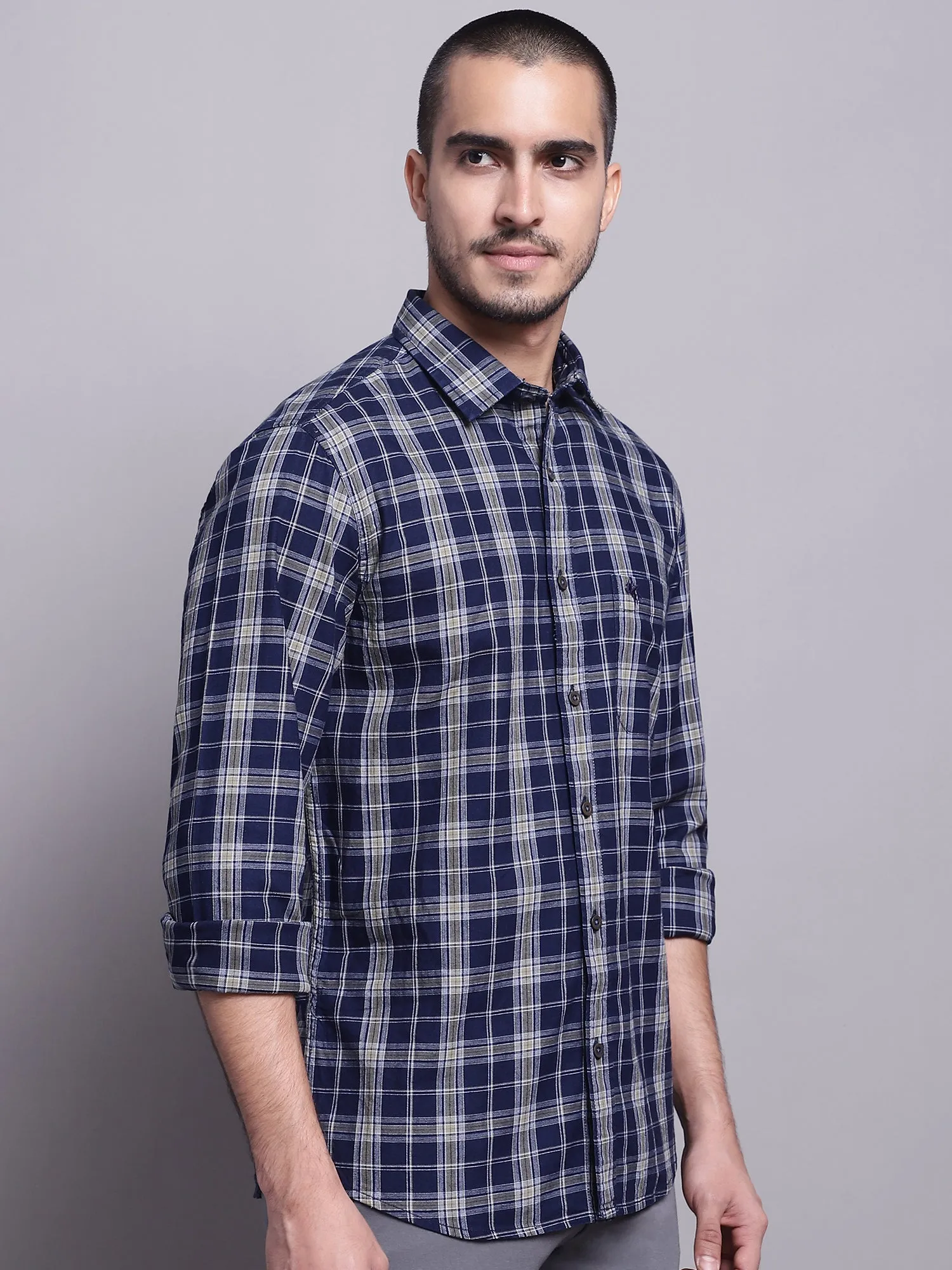 Cantabil Cotton Checkered Navy Blue Full Sleeve Casual Shirt for Men with Pocket
