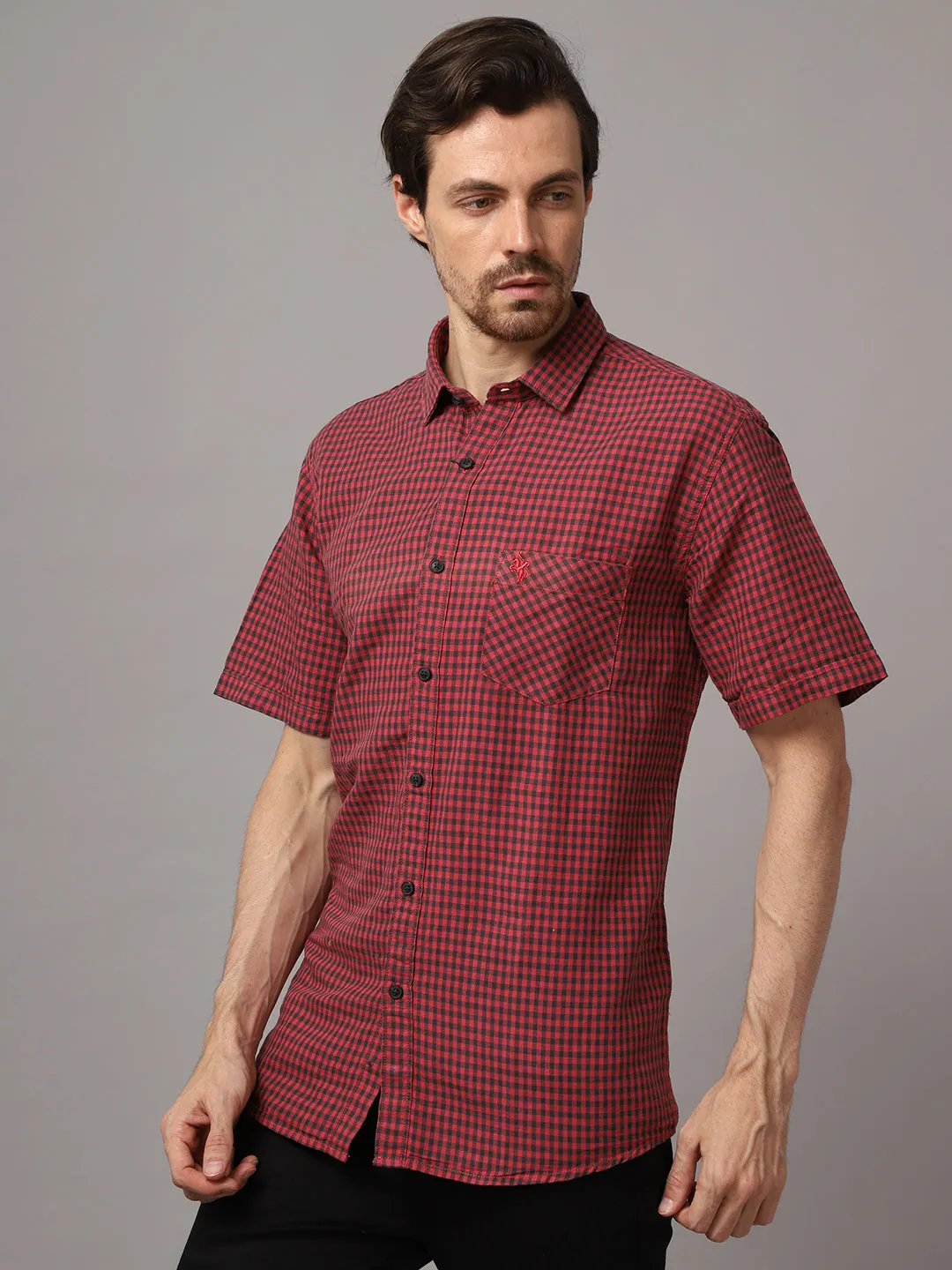 Cantabil Cotton Checkered Red Half Sleeve Regular Fit Casual Shirt for Men with Pocket