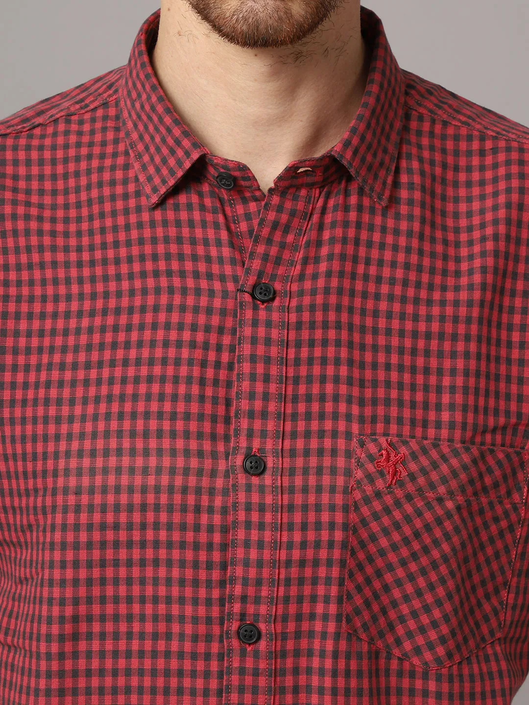 Cantabil Cotton Checkered Red Half Sleeve Regular Fit Casual Shirt for Men with Pocket