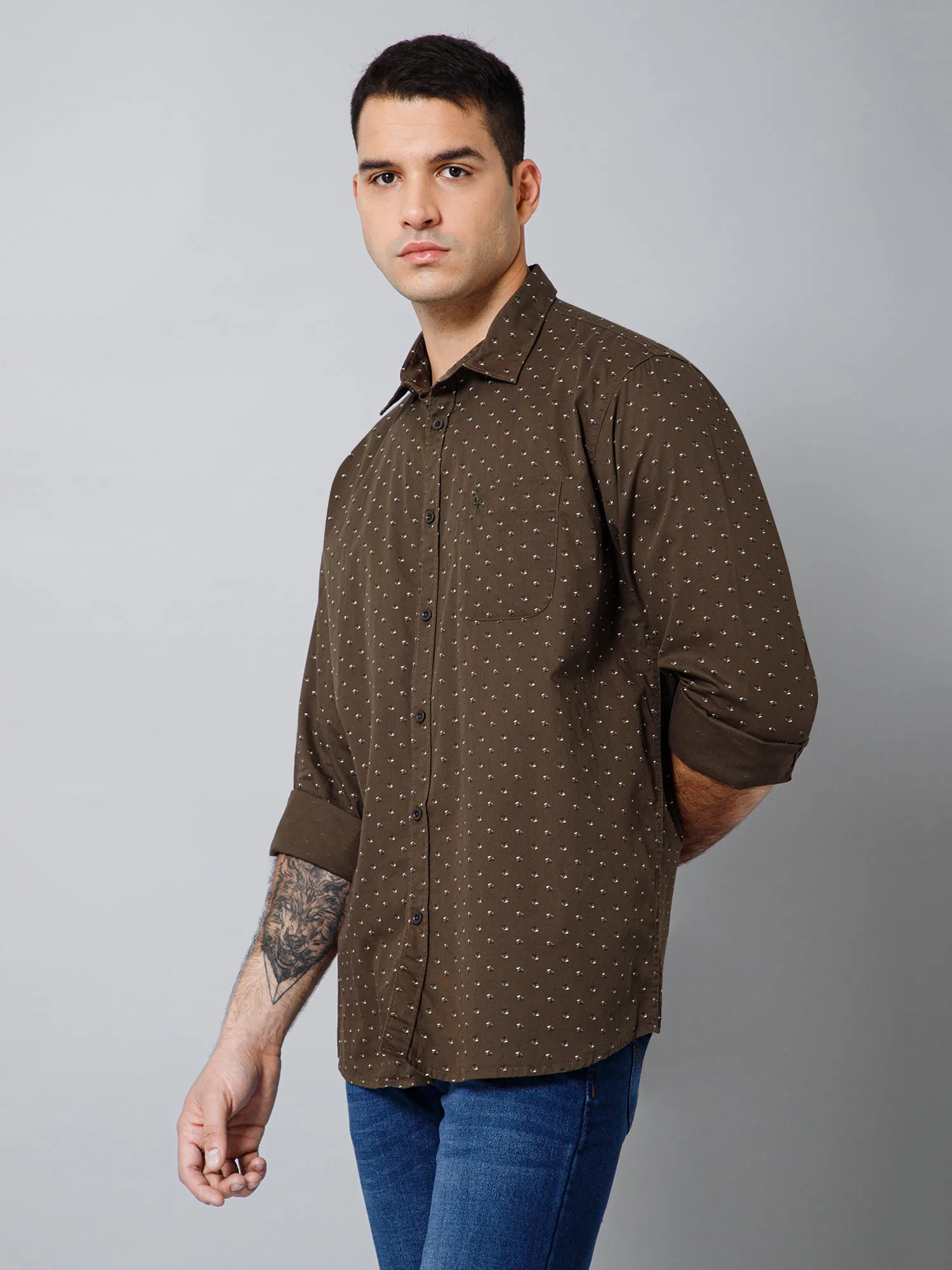Cantabil Cotton Floral Printed Full Sleeve Regular Fit Olive Casual Shirt with Pocket for Men