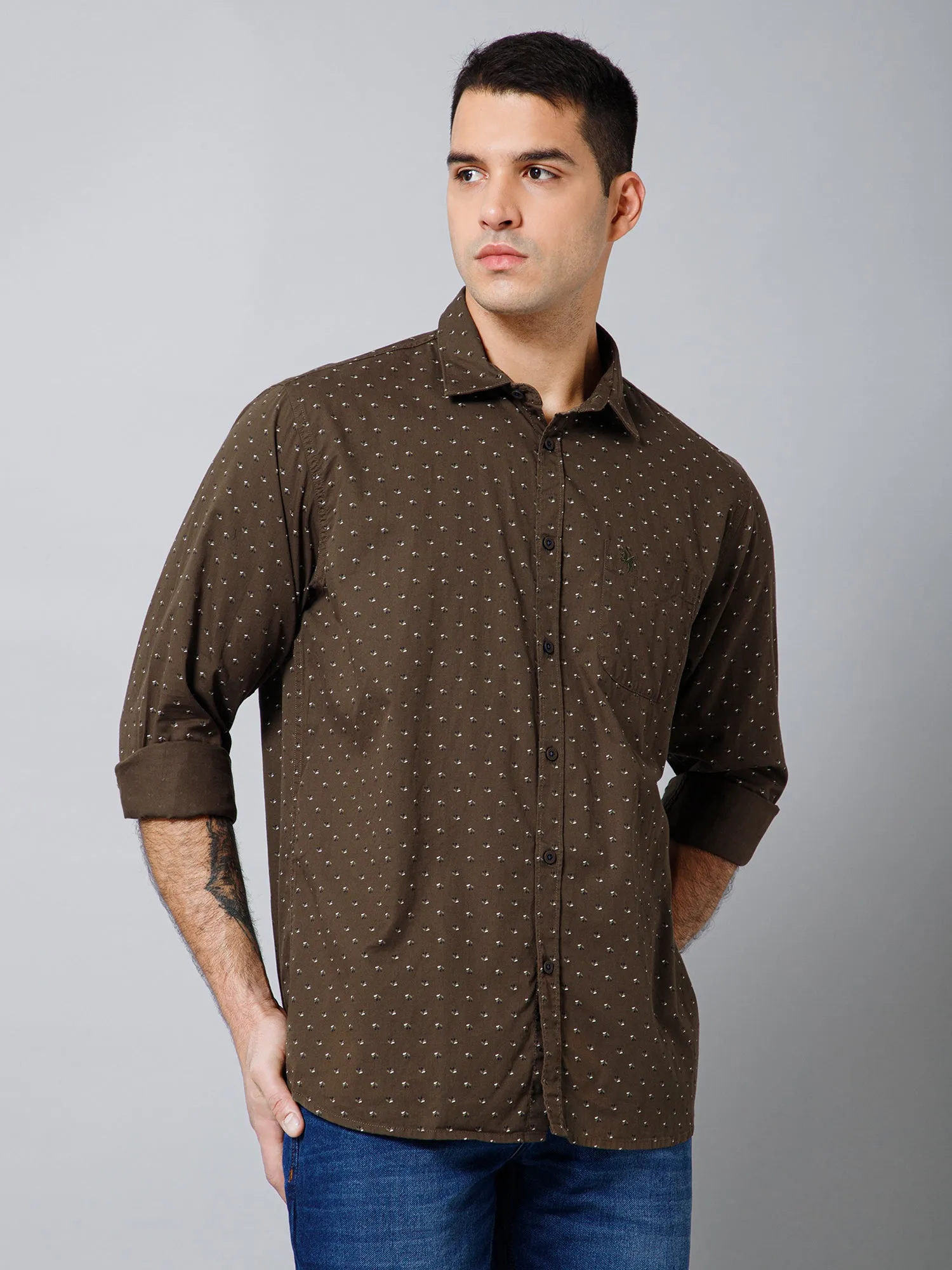 Cantabil Cotton Floral Printed Full Sleeve Regular Fit Olive Casual Shirt with Pocket for Men