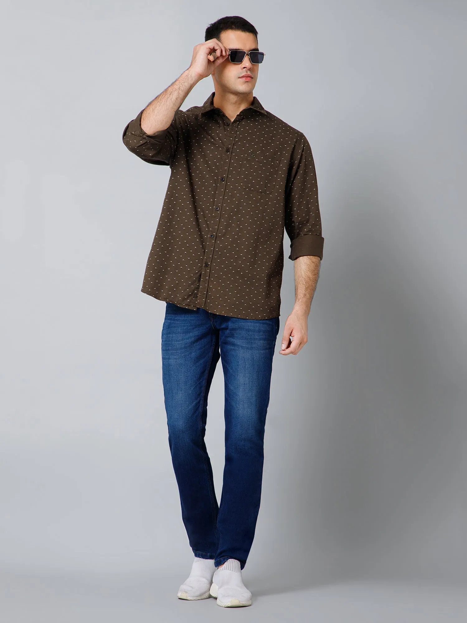 Cantabil Cotton Floral Printed Full Sleeve Regular Fit Olive Casual Shirt with Pocket for Men