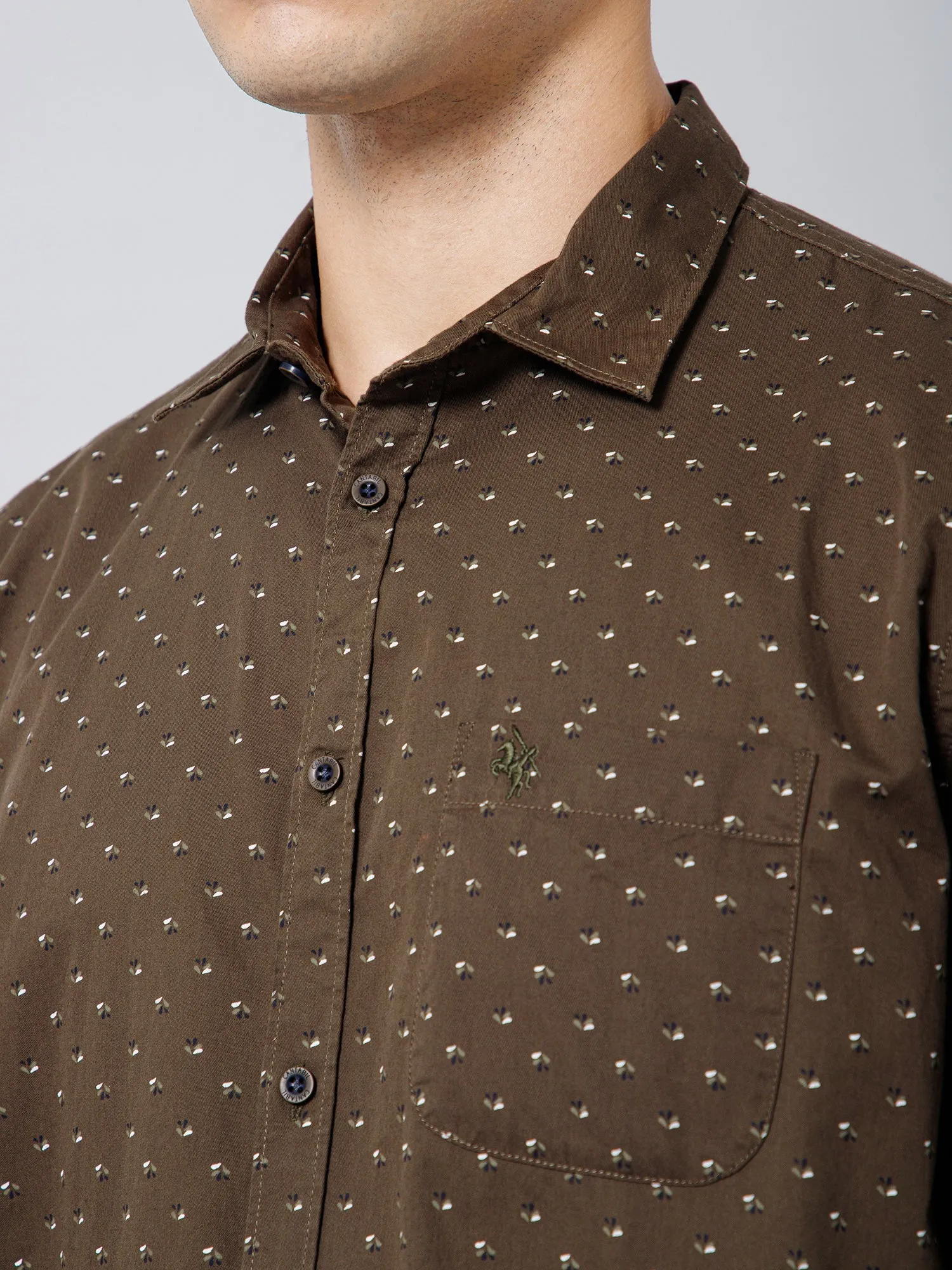 Cantabil Cotton Floral Printed Full Sleeve Regular Fit Olive Casual Shirt with Pocket for Men