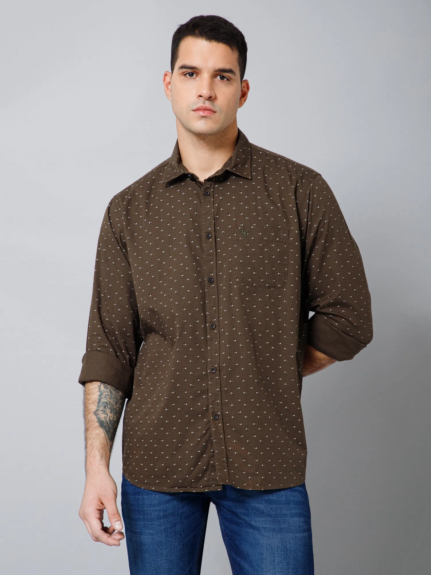 Cantabil Cotton Floral Printed Full Sleeve Regular Fit Olive Casual Shirt with Pocket for Men