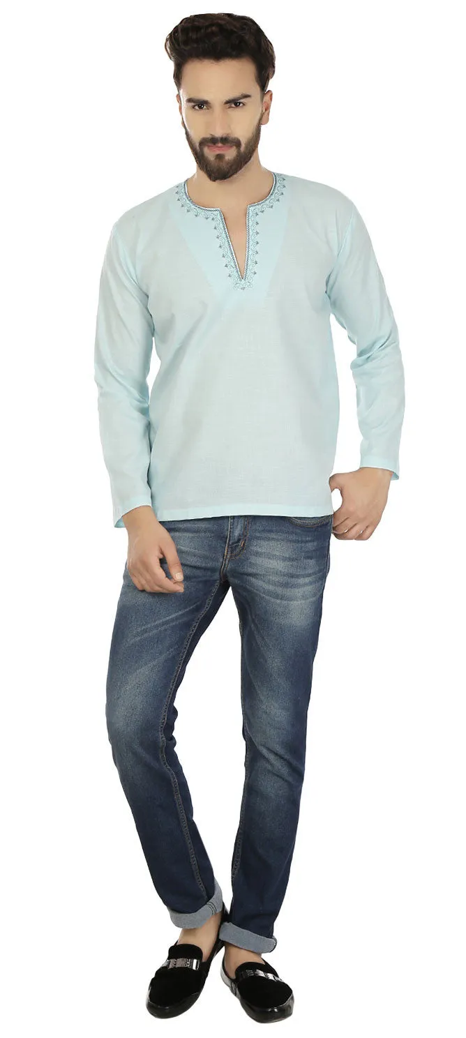 Indian Clothing Cotton Short Kurta Shirt for Men (Blue)