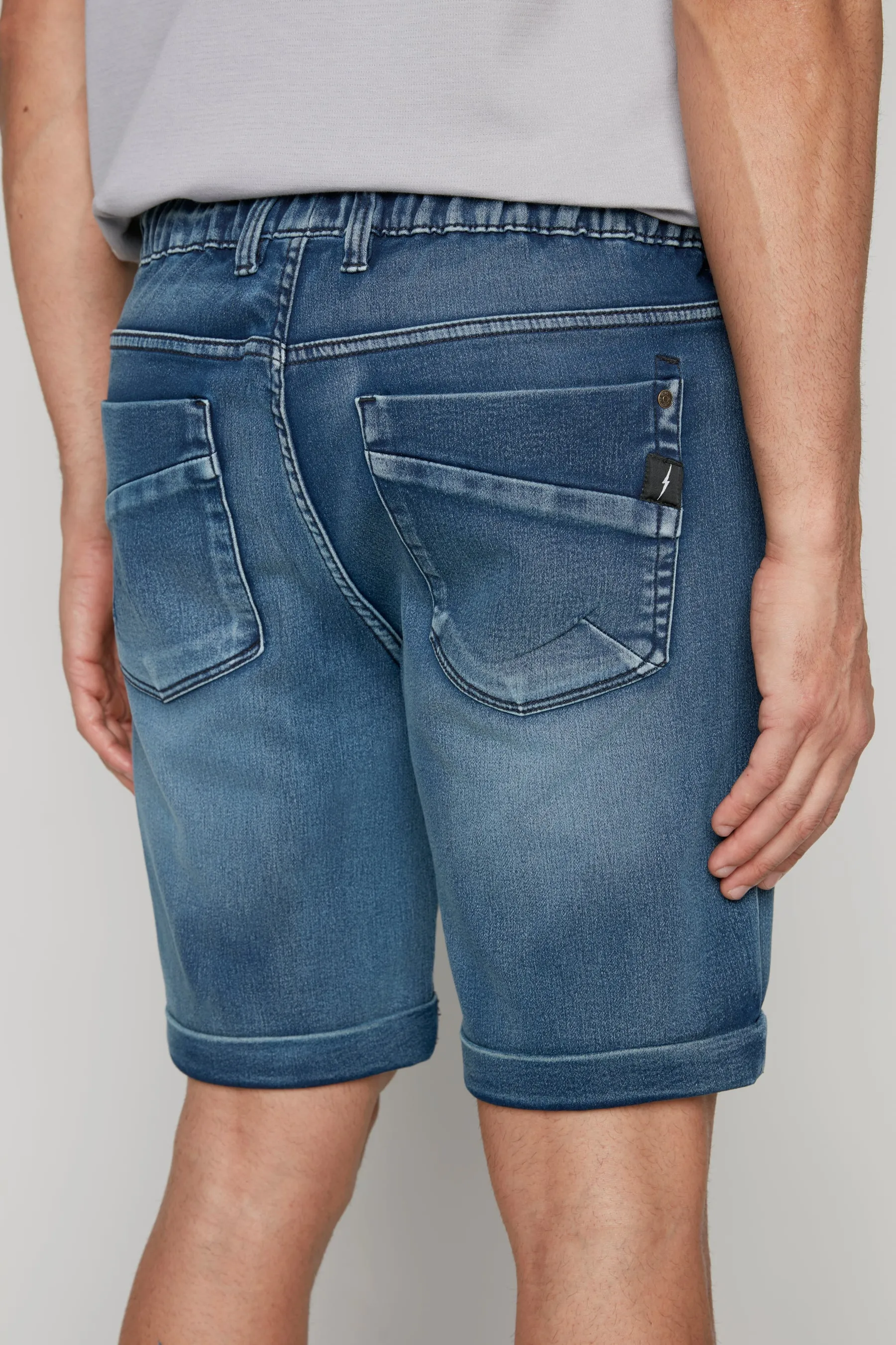 LENNON - Mens Rolled-Up Denim Shorts - Medium Blue Acid Wash