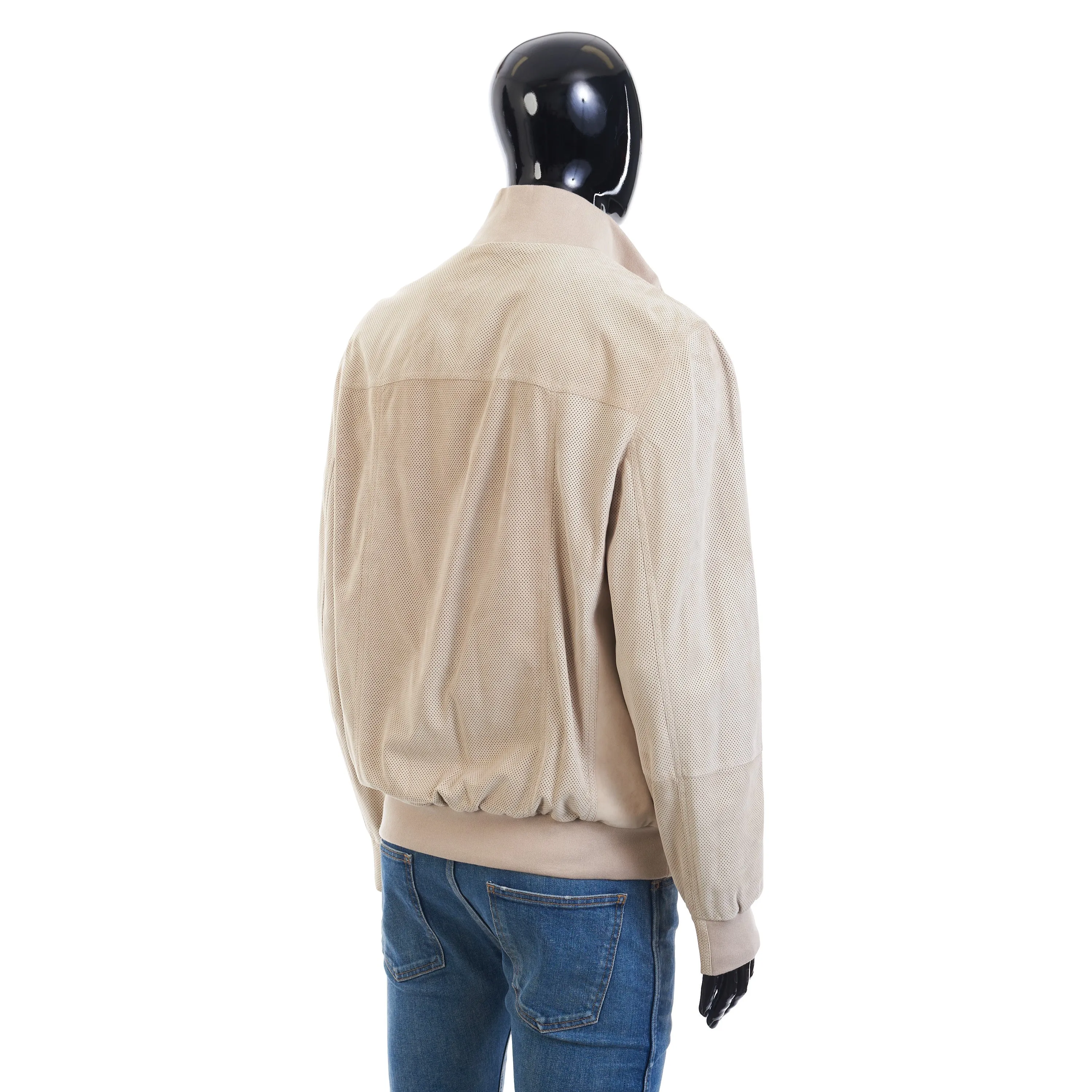 Light Beige Perforated Leather Jacket - Stand Up Collar