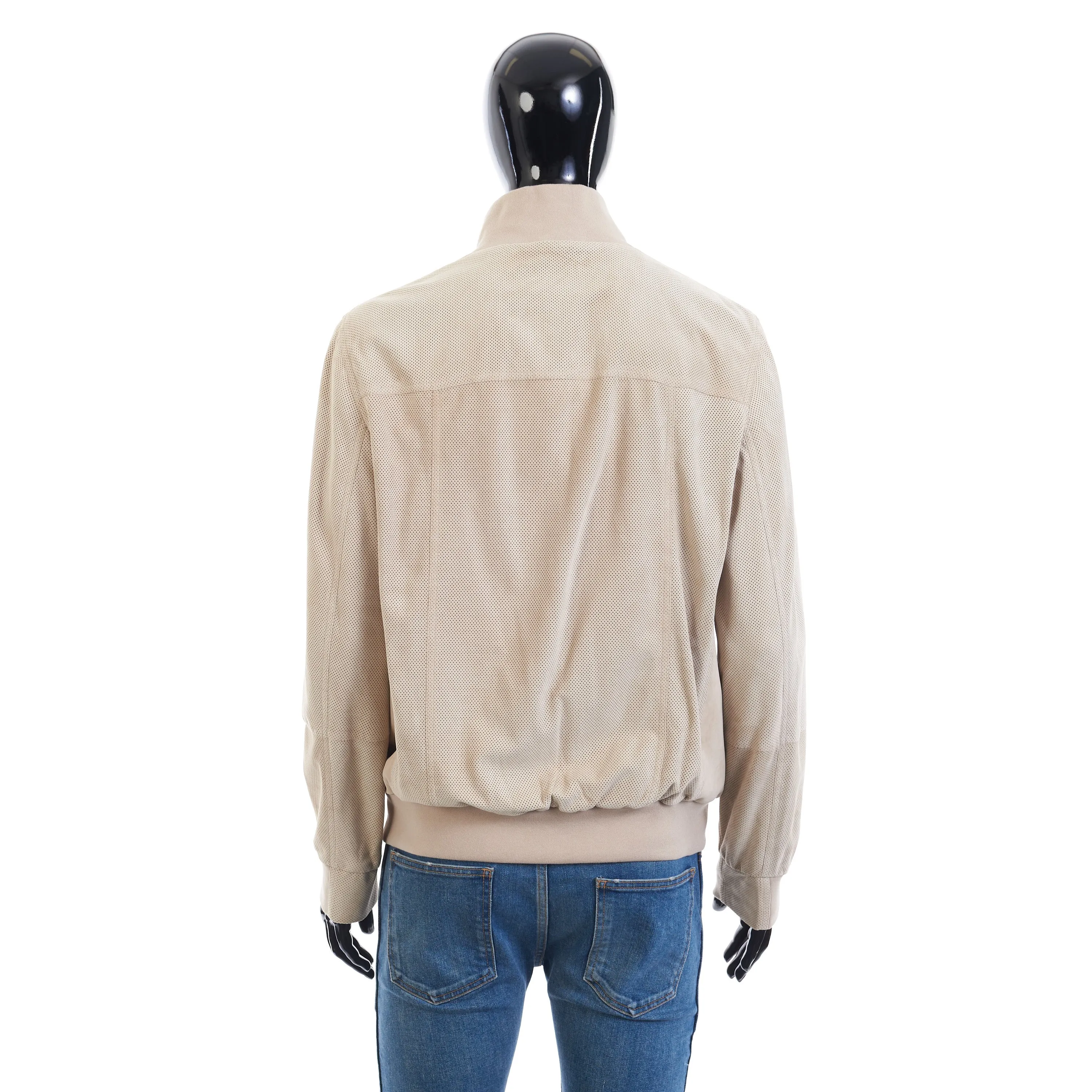 Light Beige Perforated Leather Jacket - Stand Up Collar