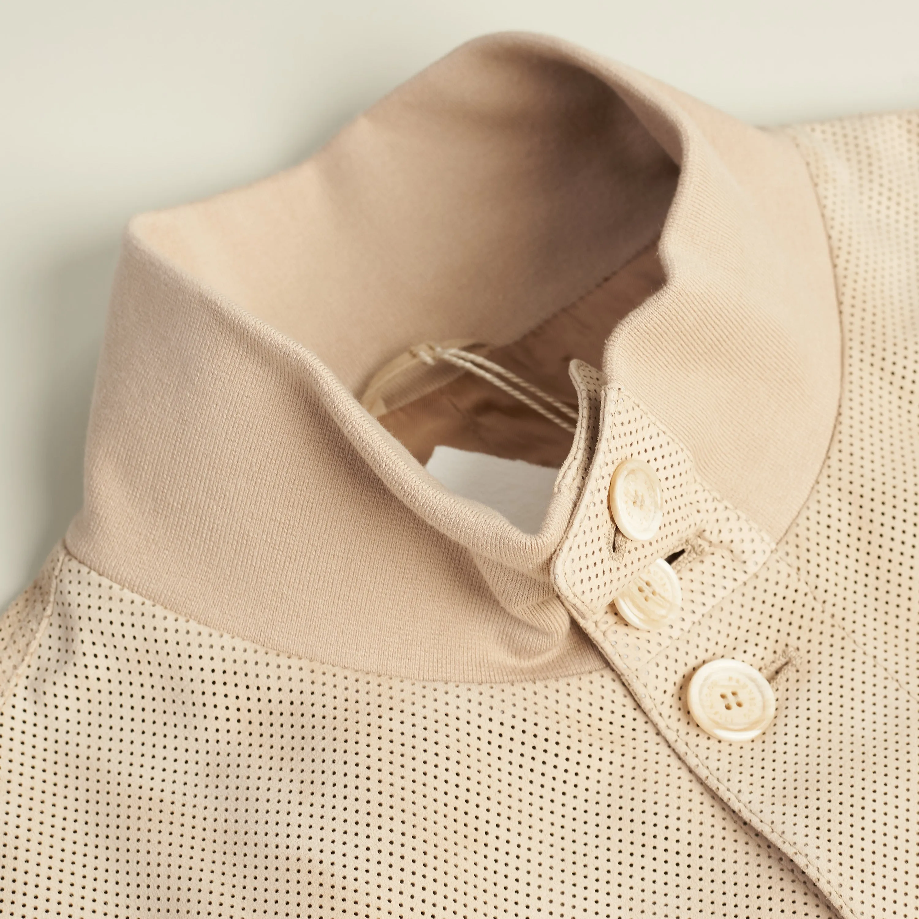 Light Beige Perforated Leather Jacket - Stand Up Collar