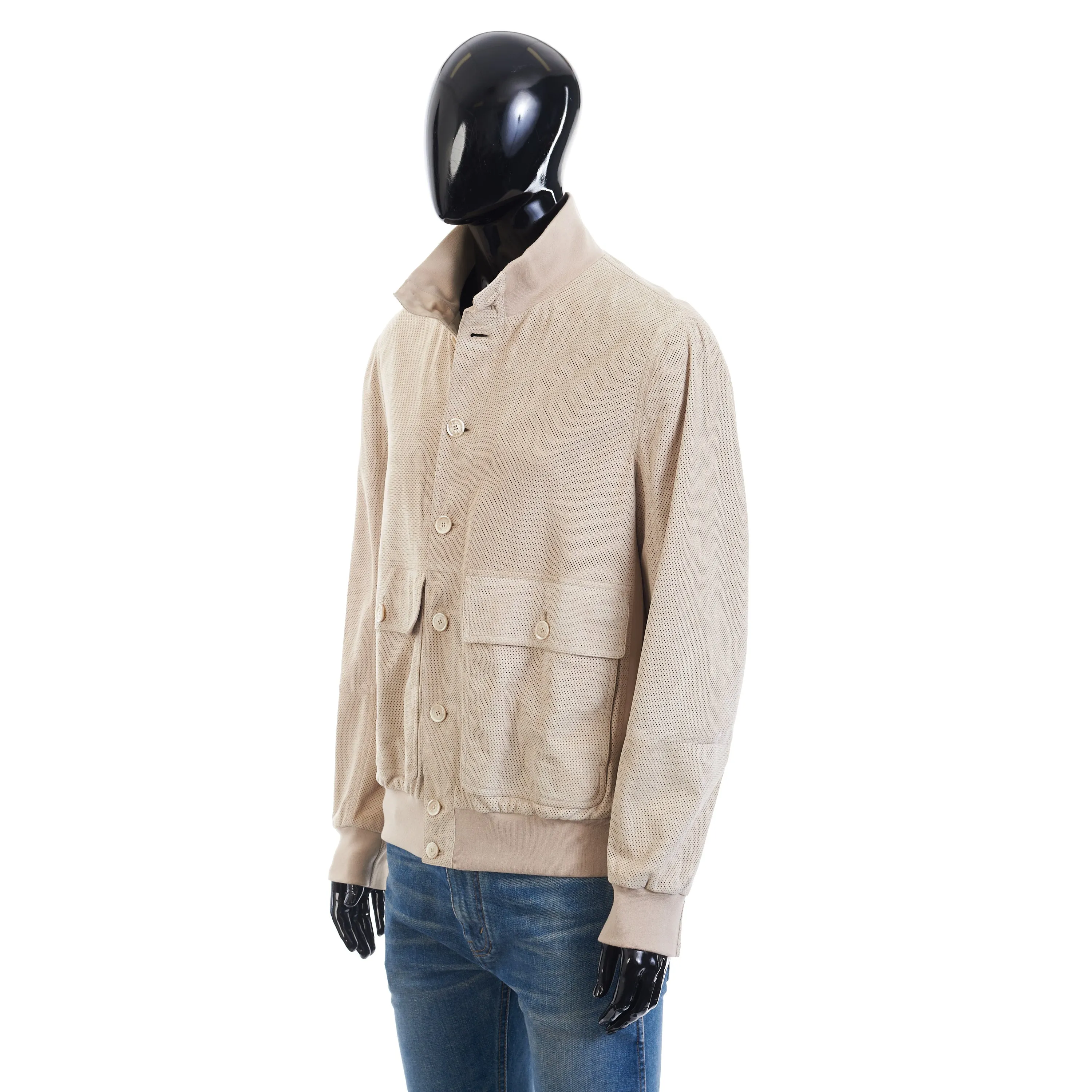 Light Beige Perforated Leather Jacket - Stand Up Collar