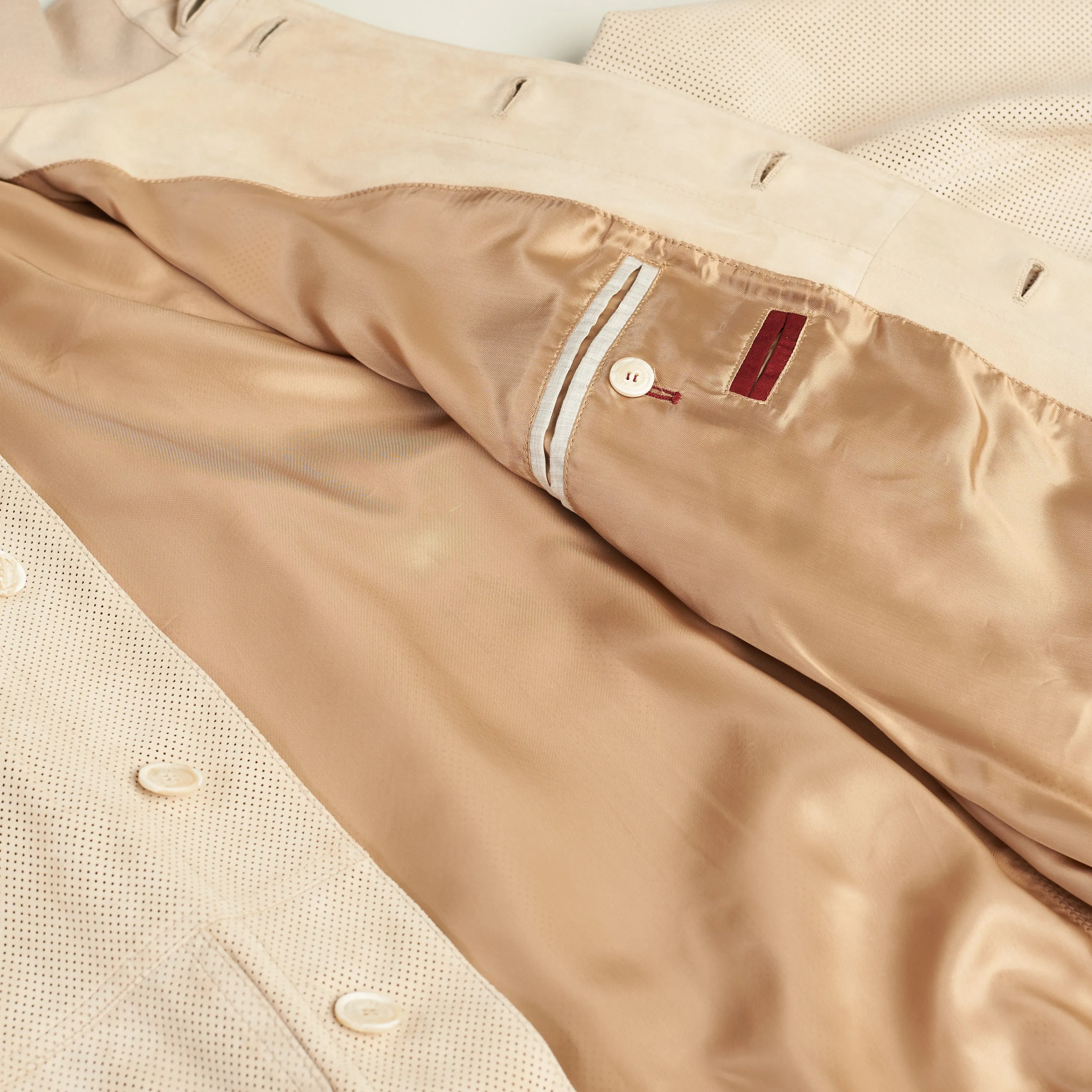 Light Beige Perforated Leather Jacket - Stand Up Collar