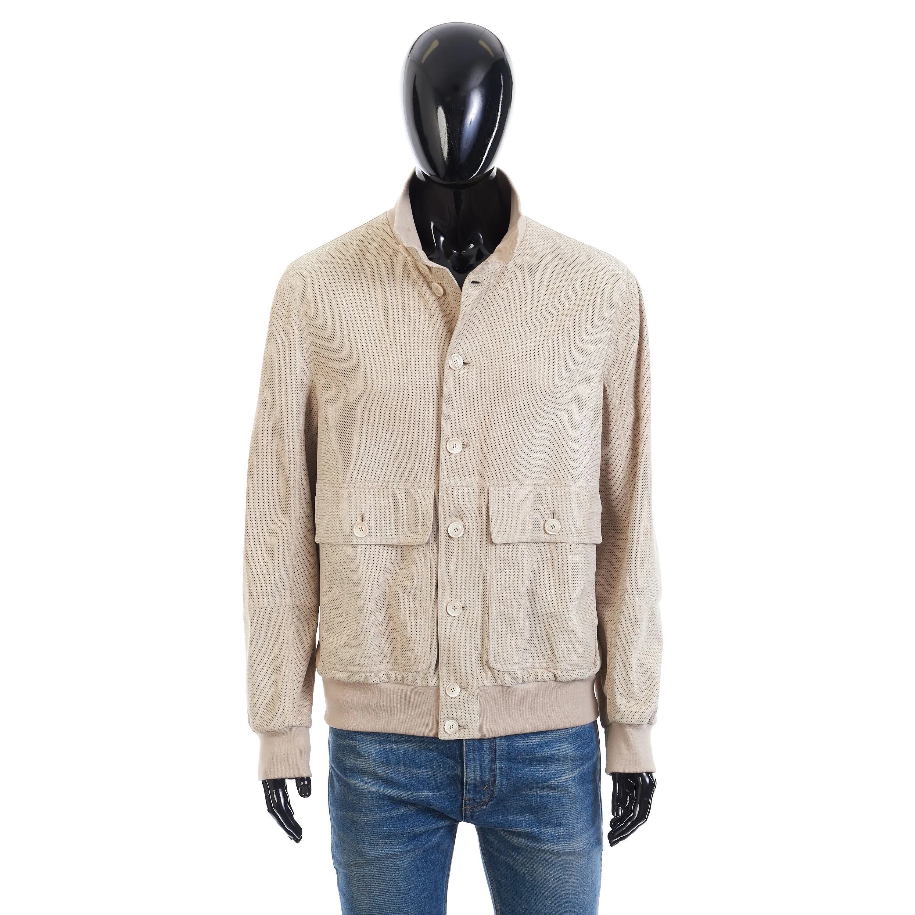 Light Beige Perforated Leather Jacket - Stand Up Collar