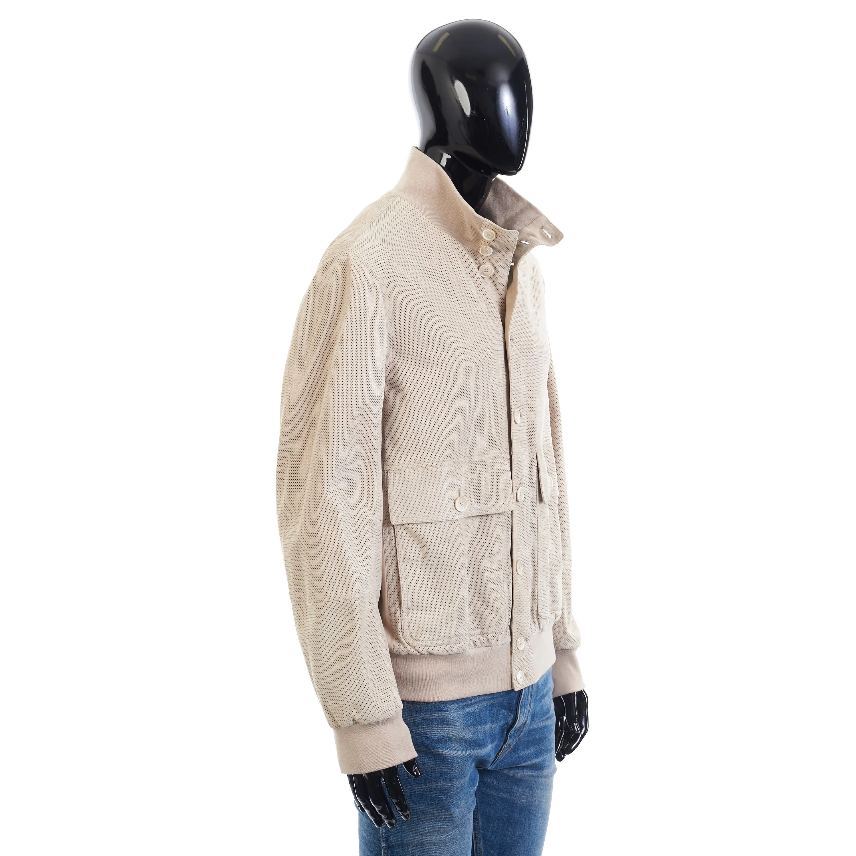 Light Beige Perforated Leather Jacket - Stand Up Collar