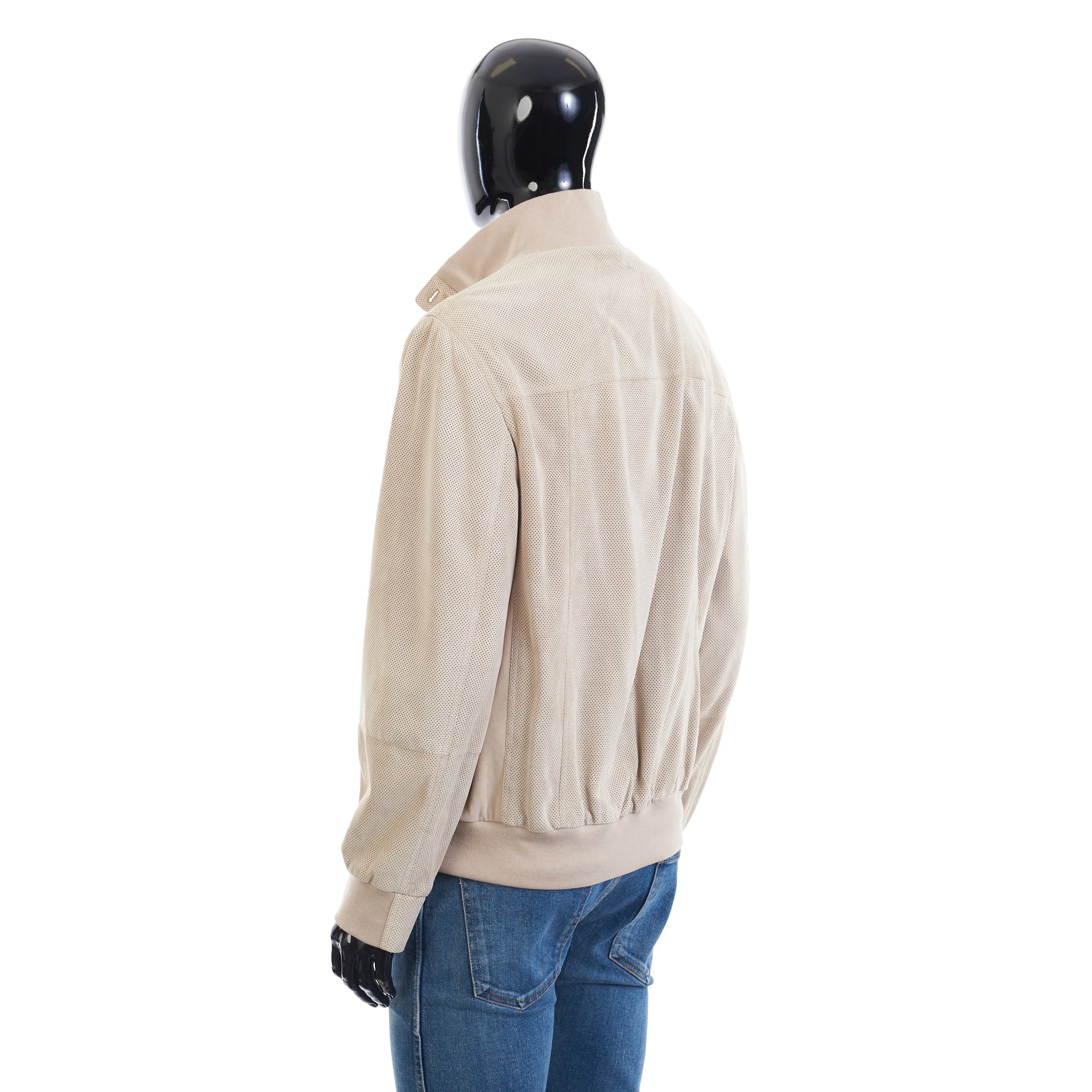 Light Beige Perforated Leather Jacket - Stand Up Collar