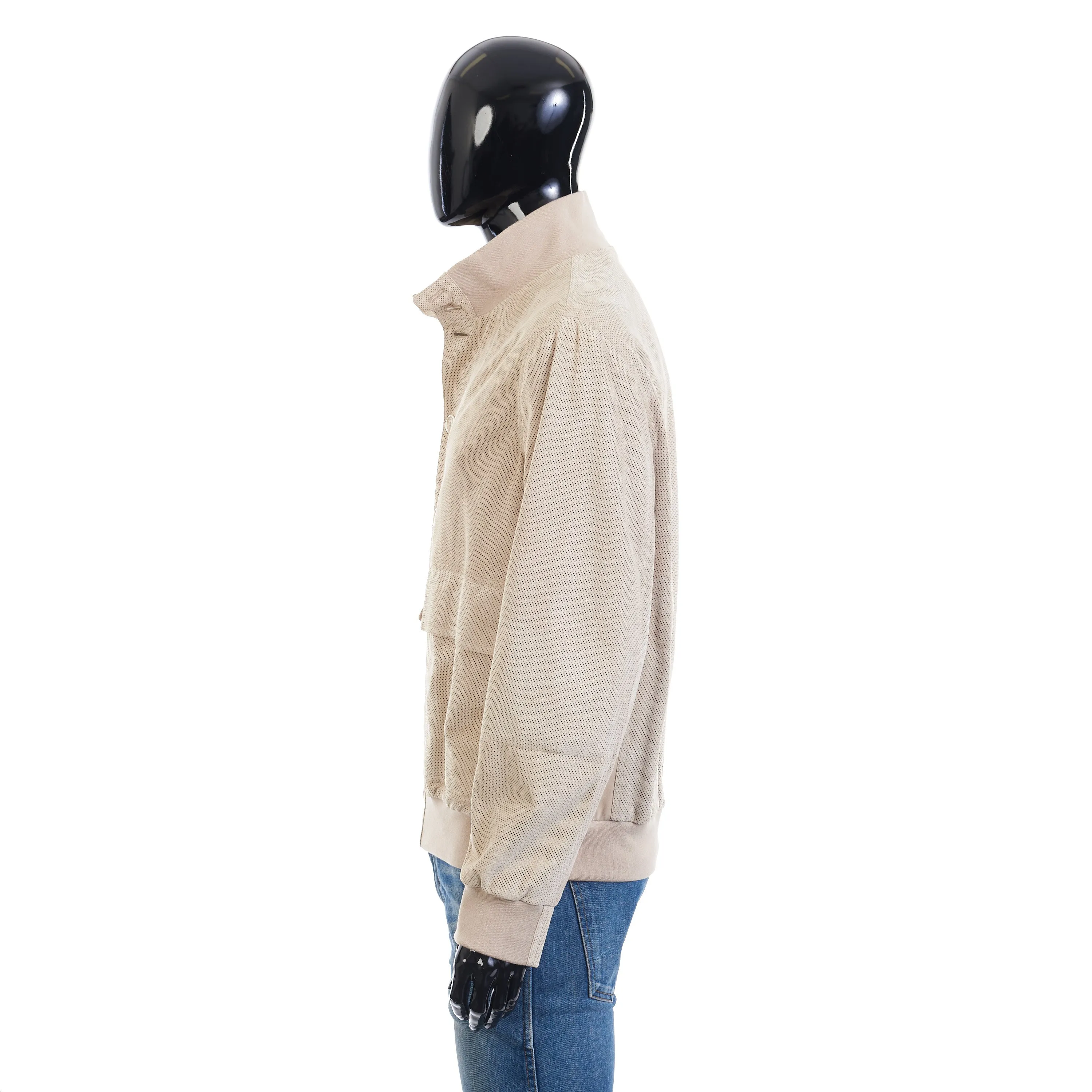 Light Beige Perforated Leather Jacket - Stand Up Collar