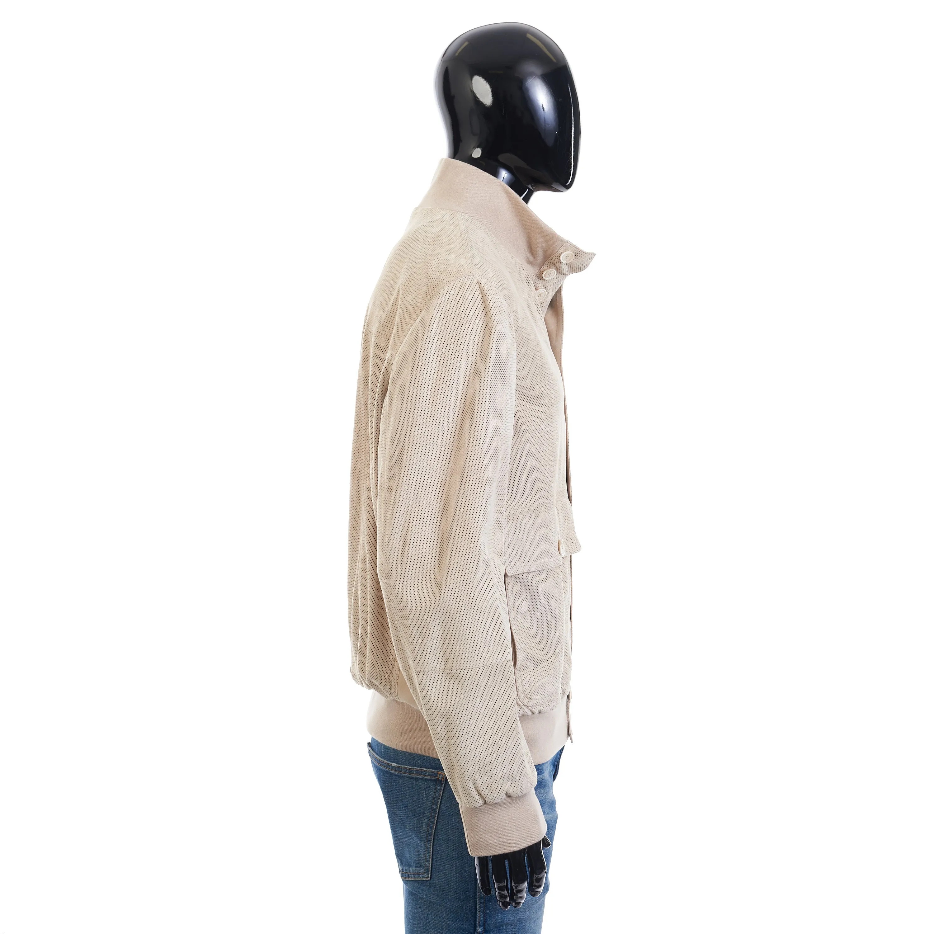 Light Beige Perforated Leather Jacket - Stand Up Collar