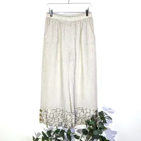 Linen wide leg trousers with coco buttons and giraffe print hem (M-L)