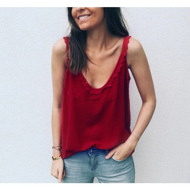 ROPALIA Women Both before and after wear v-neck Lace Vest Girls Beach Strap Top Sleeveless Shirt Tank To