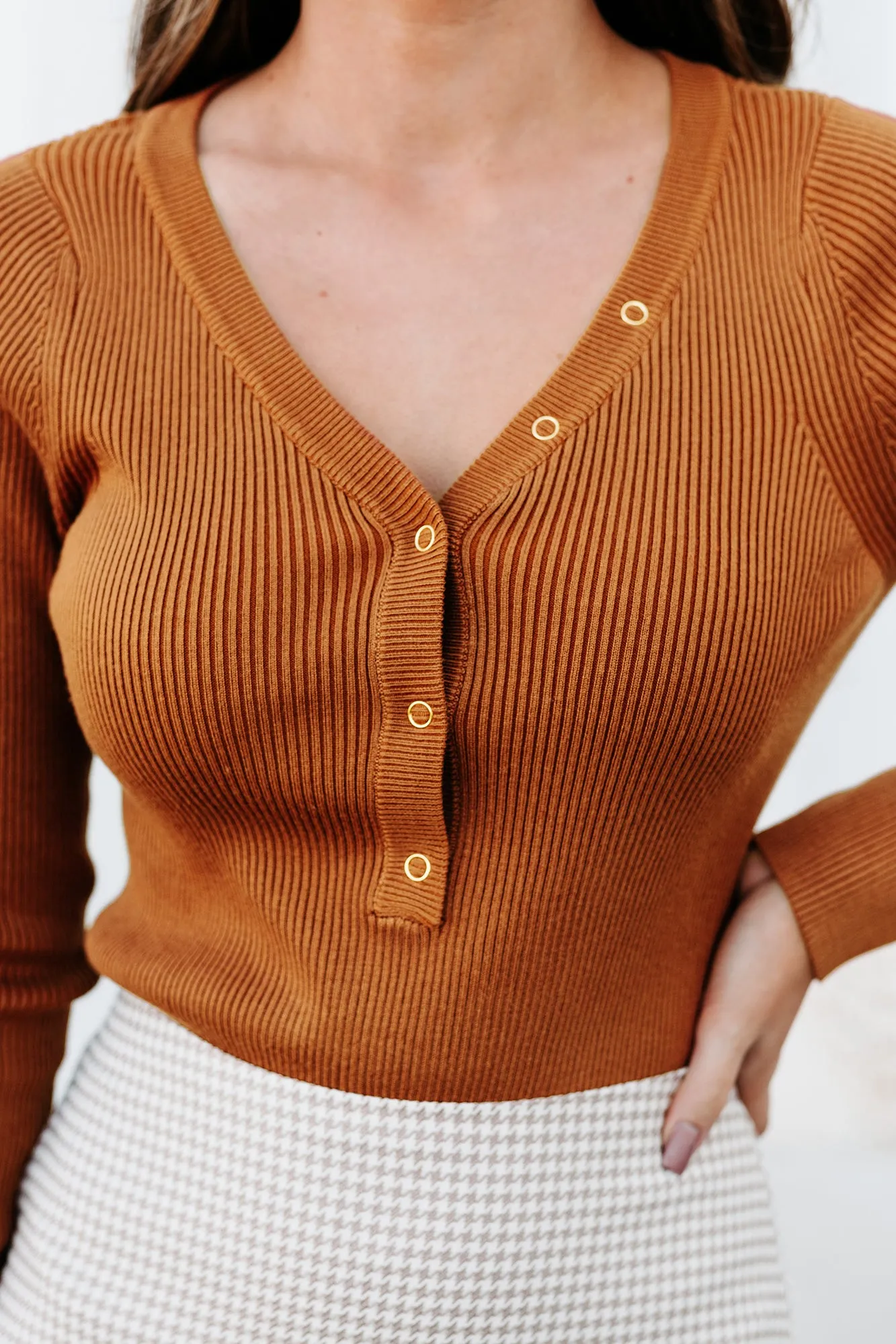 Stay Or Leave Ribbed Button-Down Bodysuit (Rust)